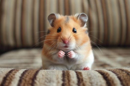 Cute hamster with whiskers, furry paws, and adorable eyes sitting on striped fabric