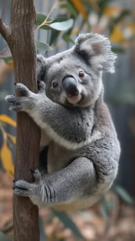 Cute koala marsupial climbing a tree in the wildlife nature, an iconic Australian animal