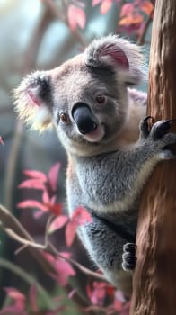 Cute koala bear climbing a eucalyptus tree in nature, Australian wildlife