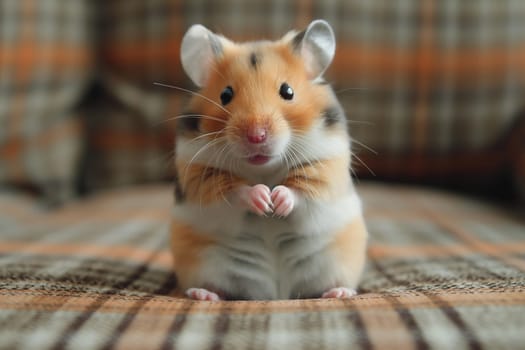 Adorable furry hamster with whiskers and paws, posing on a plaid background, looking cute and small