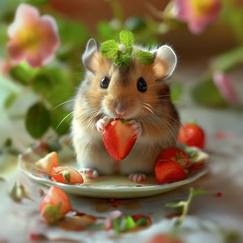 Cute hamster eating a strawberry on a plate with mint and flowers in a spring setting