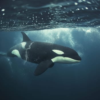 Majestic orca whale swimming underwater in the ocean, a marine mammal in its natural habitat