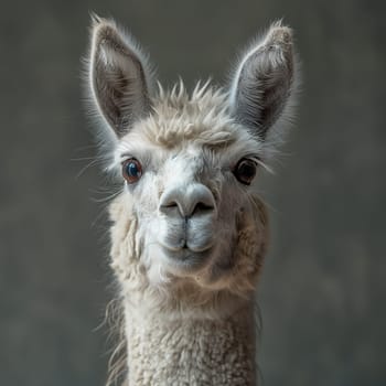 Fluffy alpaca portrait with adorable eyes, ears, and cute expression in a studio setting