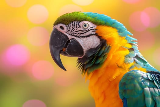 Vibrant macaw parrot with colorful feathers perched in a tropical environment with a bokeh background