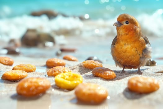 Bird on beach with doughnuts in the sand near waves under blue sky with feathers and baking sunshine