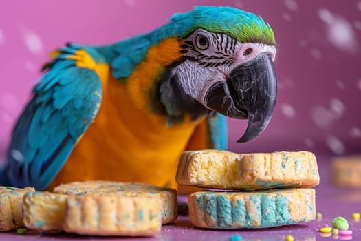 A colorful macaw parrot enjoying cookies with vibrant feathers against a tropical backdrop