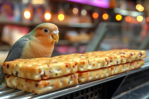 Parrot perched on counter with freshly baked cheese bread at a colorful market bakery display