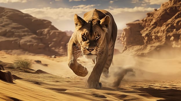 Lioness running through the sand in a desert landscape with rocks, clouds, and sunlight