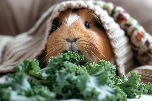 Adorable guinea pig cuddling under blanket while munching on kale in a cozy setting