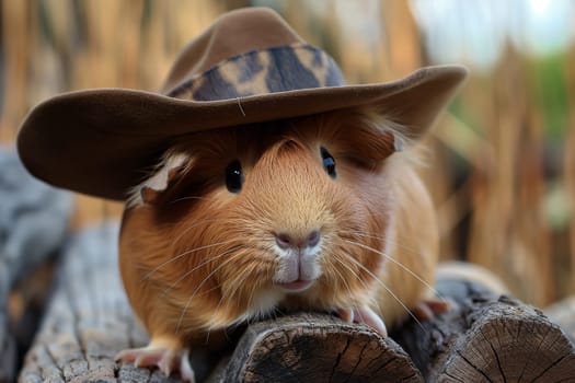Adorable guinea pig wearing a hat on a wooden log, cutest rodent with fluffy brown fur