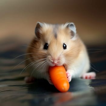 Cute hamster nibbling on a baby carrot with its tiny whiskers and paws