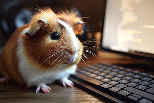 Guinea Pig Near Keyboard Closeup with Computer in Office Workspace Technology