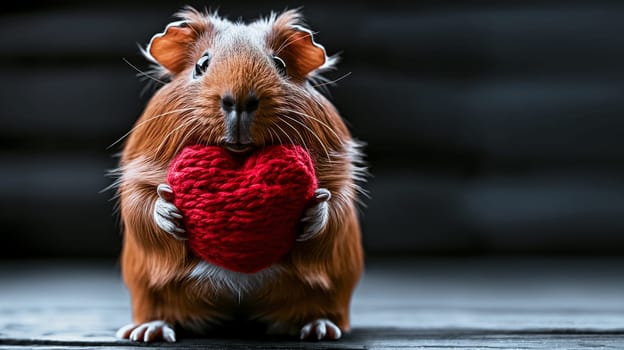 Cute guinea pig holding red heart, lovely and adorable small animal pet