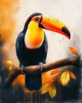 Toucan bird with colorful beak perched on a tree, surrounded by nature and vibrant leaves