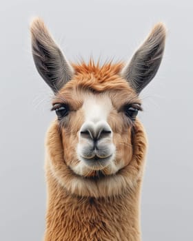 Close-up portrait of a cute llama with brown fur and big ears in nature wildlife photography background