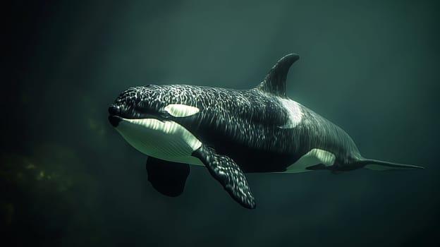 Orca whale in the marine ocean, a black and white mammal swimming underwater