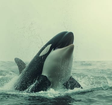 Orca whale jumping in the ocean with a massive splash, showcasing marine wildlife and aquatic mammal