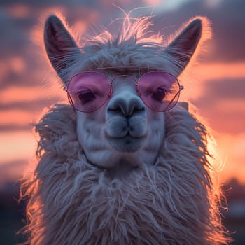 A cute llama wearing pink sunglasses at sunset with a dramatic sky in the background