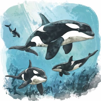 Beautiful illustration of orcas underwater, showcasing marine wildlife in the vast ocean
