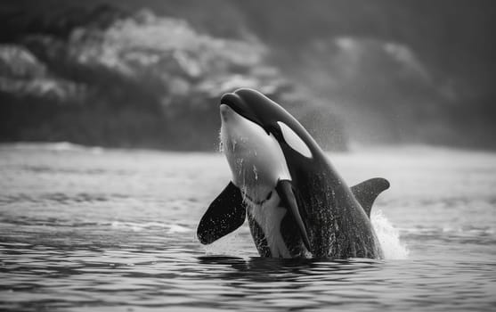Majestic orca whale jump in the ocean water showcasing nature and marine wildlife in a stunning display
