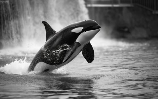 Orca whale jumping out of water with a splash, displaying black and white colors in natural habitat