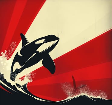 Illustration of an orca whale jumping in ocean waves against a red and beige background