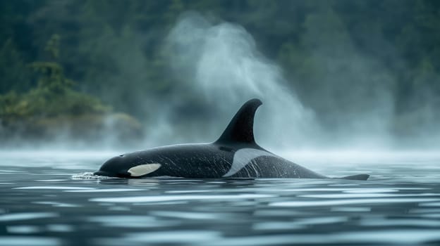 Majestic orca whale swimming in the ocean, displaying its black and white aquatic fin in the wild habitat