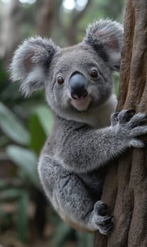 Cute koala marsupial climbing tree in forest, showcasing Australian wildlife and nature