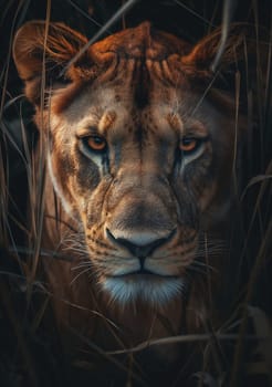 Majestic lion with piercing eyes in the jungle, wild cat portrait showcasing nature and fur