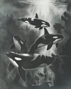 Underwater illustration of black and white orcas swimming in the ocean with other marine wildlife