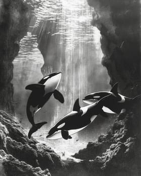 Orcas gracefully swimming underwater in black-and-white sunlight within a marine cave pod