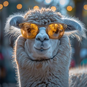 Cool alpaca wearing orange sunglasses in a stylish portrait with light and furry details