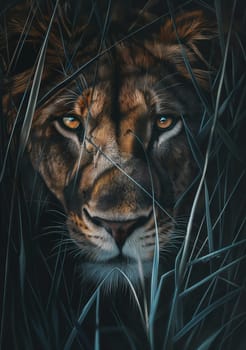 Majestic lion portrait with intense eyes in the jungle, showcasing wild feline nature and beauty