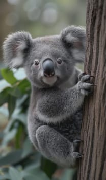 Cute koala climbing a eucalyptus tree with furry paws and inquisitive nature in wildlife outdoors