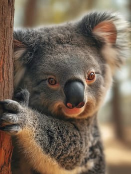 Cute koala marsupial clinging to a tree in natural Australian wildlife habitat