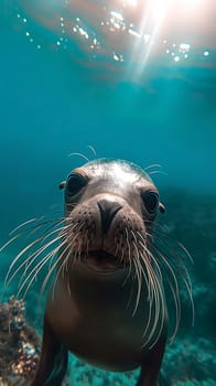 Playful seal swimming underwater in the ocean, showcasing marine wildlife, nature, and whiskers