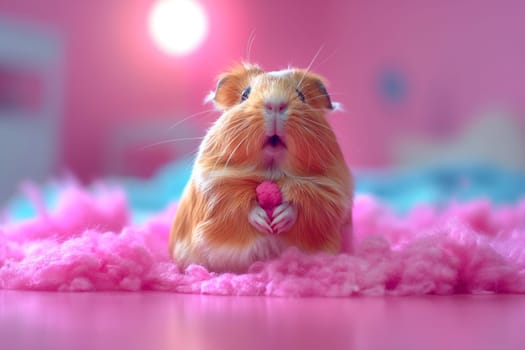 Cute fluffy pink guinea pig portrait with adorable pet surrounded by plush and furry texture