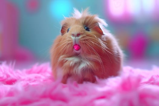 Cute fluffy guinea pig with pink background and soft plush fur, adorable pet animal image