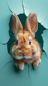 Adorable rabbit emerges from a crack in a teal wall with curious eyes and fur ears