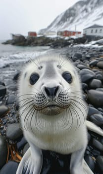 Adorable seal pup with whiskers on snowy Antarctic beach with rocks and ocean in the background
