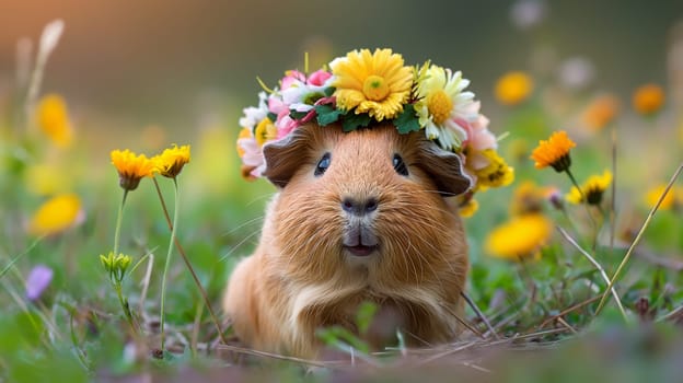 Adorable guinea pig wearing a flower crown in the grass with daisies, looking cute and happy