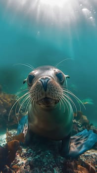 Sunlit underwater photograph of a seal with whiskers in marine habitat surrounded by seaweed