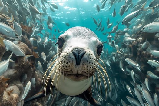 Seal swimming underwater with fish in the ocean, showcasing marine wildlife and nature