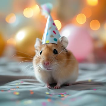 Cute hamster with party hat and confetti enjoys a cheerful birthday celebration with festive balloons