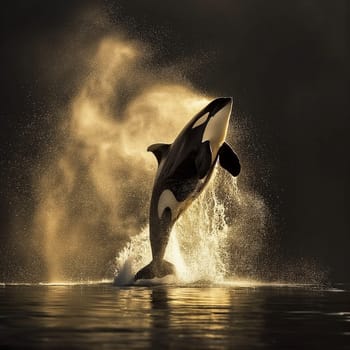 Orca killer whale jumping silhouette at sunset in the ocean with water splash wildlife
