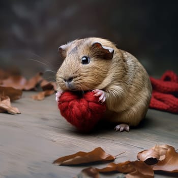 Cute guinea pig holding a red heart on wooden background with autumn leaves