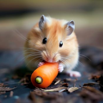 Cute hamster eating a small orange carrot in a closeup portrait with adorable whiskers