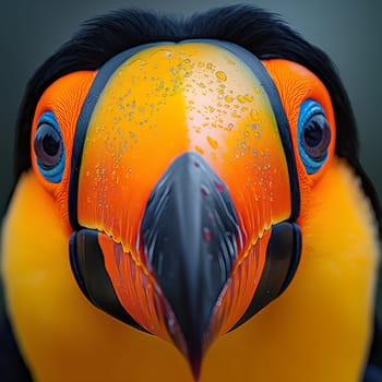 Closeup of a colorful toucan with a vibrant beak against a tropical nature background.