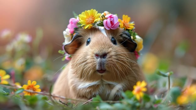 Cute guinea pig with flower crown in nature garden, adorable animal portrait with grass and blooms