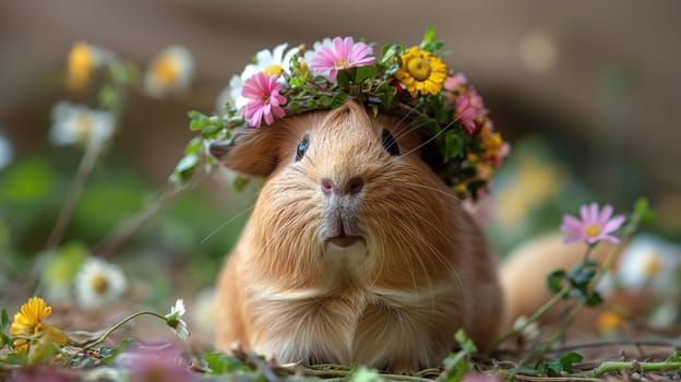 Cute guinea pig with a flower crown in a garden, closeup of adorable pet animal, spring greenery